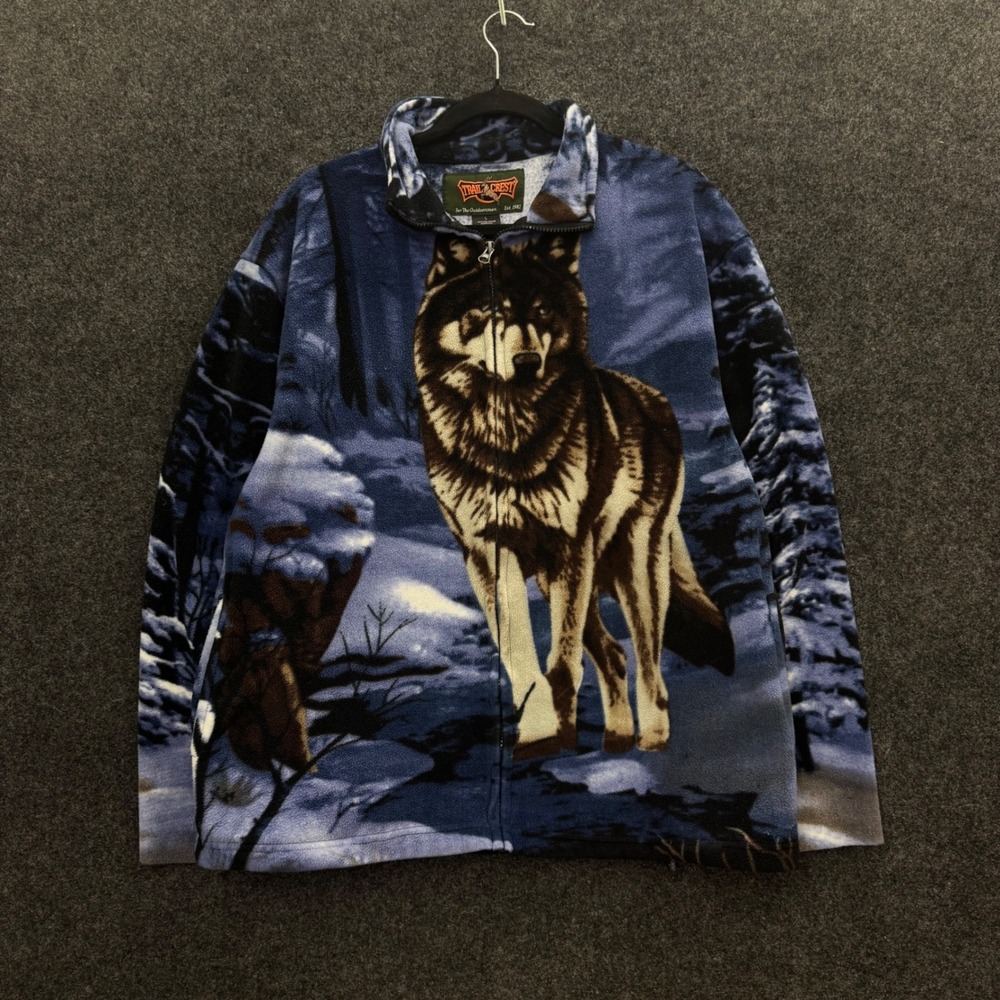 Trail Crest Mens Wolf Fleece Jacket Blue Winter Forest Full Zip 90s Vintage L